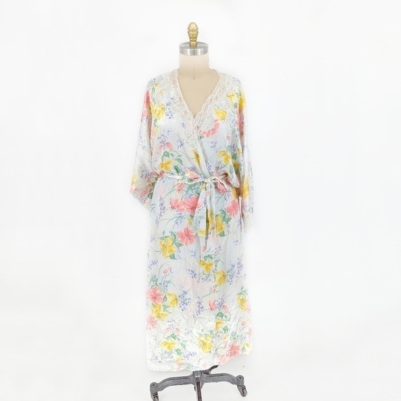 Natori Floral Satin Slip Chemise Robe Ivory Pink L classic intimate victorian - Picture 1 of 14